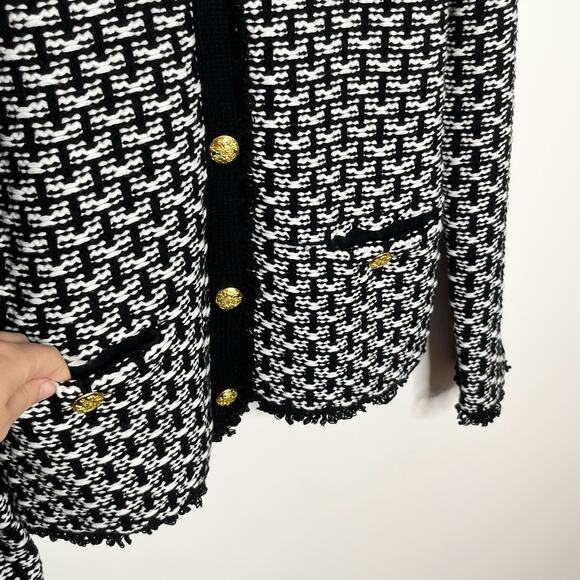 Tahari Womens Chunky Knit Cardigan Sweater Small Black White Pockets Preppy - Picture 5 of 11